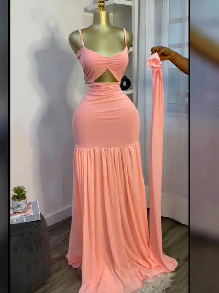エレガントなピンクの女性用カットアウトウエストサマードレス、細ストラップセクシーイブニングロングノースリーブドレス