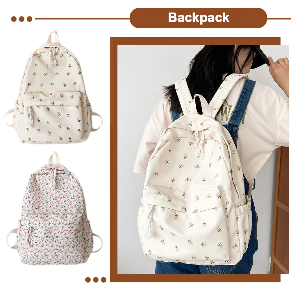 Women College Student Backpack Large Capacity Simple Floral Backpack Adjustable Strap Floral Backpack Students Daily Bag