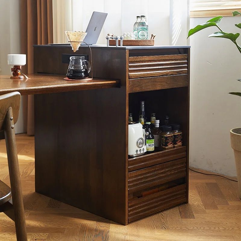 Solid wood island dining table telescopic integrated rock slab dining side cabinet modern multi-functional ash wood workbench