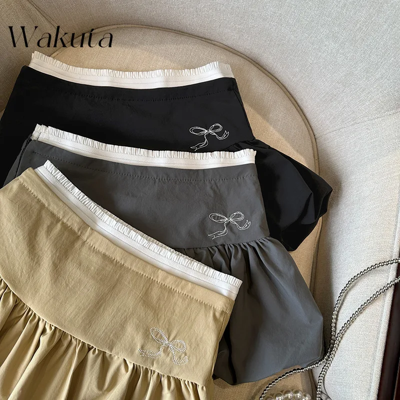 WAKUTA French Retro Color Collision Pleated Bustier Splicing Bow High Waist Flower Bud Chic Package Hip A-line Short Y2k Skirts