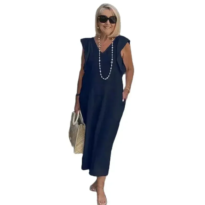 

Women Back Lace-up Backless Dresses Solid Color V Neck Flying Sleeve Side Double Pockets Dress Daily Casual Female Commuter Gown