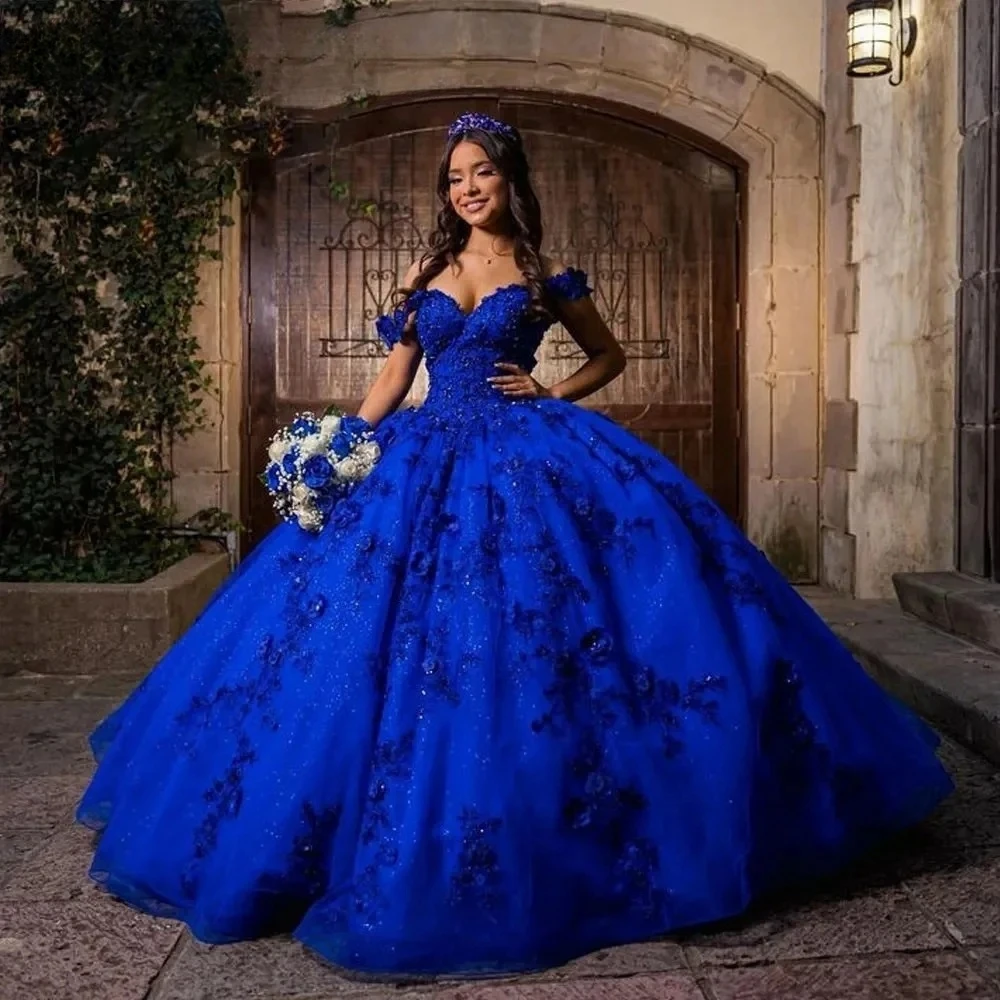 

Royal Blue Charro Quinceanera Dresses Ball Gown Off The Shoulder Floral Sparkly Mexican Sweet 16 Dresses 15 Anos