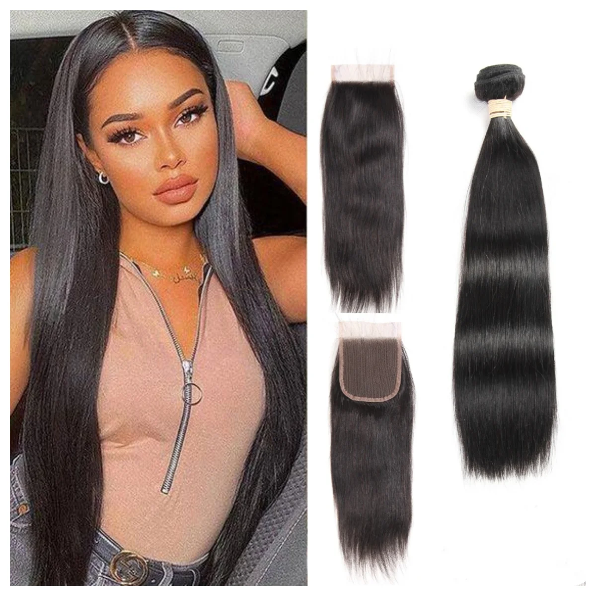 

50g Straight Human Hair Bundles With Closure 100% Human Hair 4X4 Free Part Lace Closure Natural Black 4 Bundles Brazilian Remy