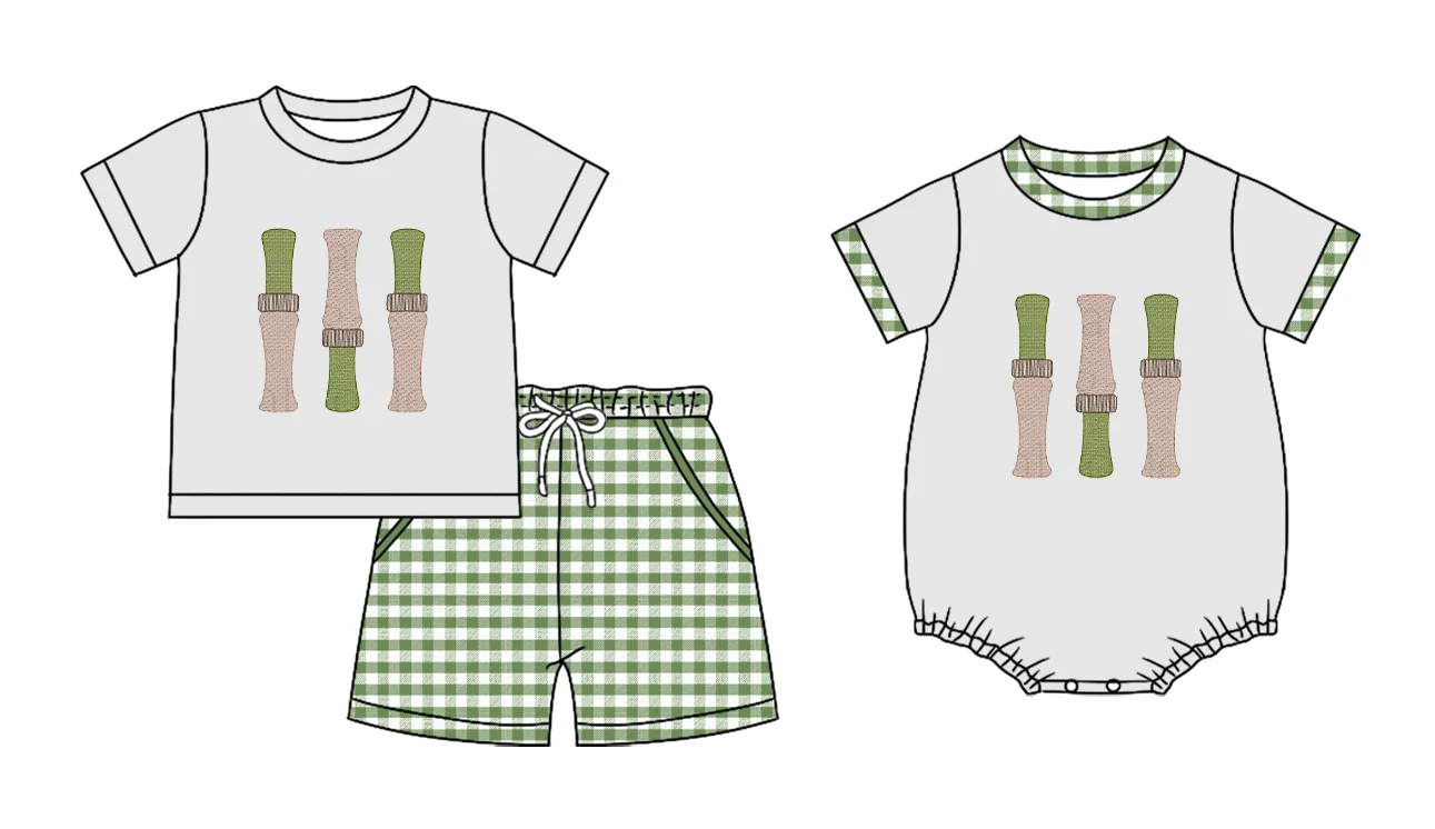 

Tot short-sleeved and shorts bodysuit green plaid print two-piece set snap-button milk silk fabric custom wholesale