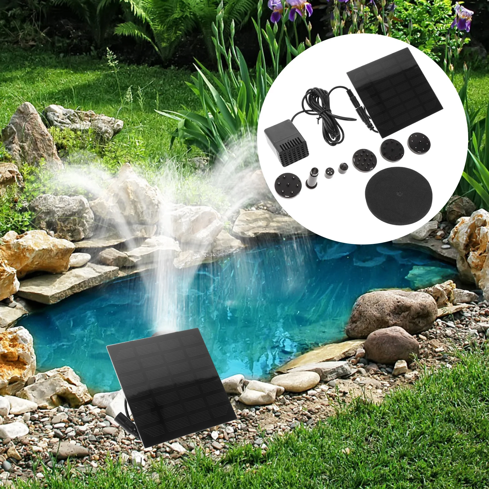 

Solar Water Pump 1.2W Outdoor Fountain Pump Kit Solar Powered Fountain Head 4 Spray Patterns for Pond Garden Aquarium Waterfall
