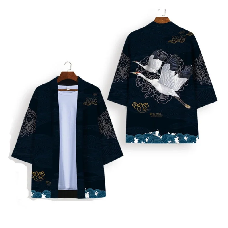 Unisex czarno-białe Kimono Cosplay samurajskie topy modny swobodny kardigan strój Yukata japońska moda uliczna tradycyjne ubrania