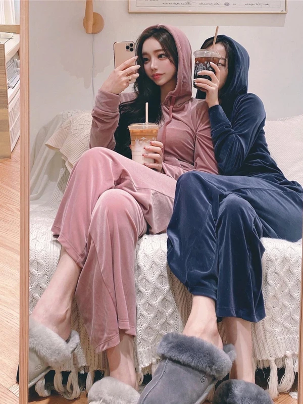 

Pink Velvet Sweatirt Set Women's Faionable Casual Thiened Sports Wear Home Clothes Spring Autumn New Sle Gold Tead