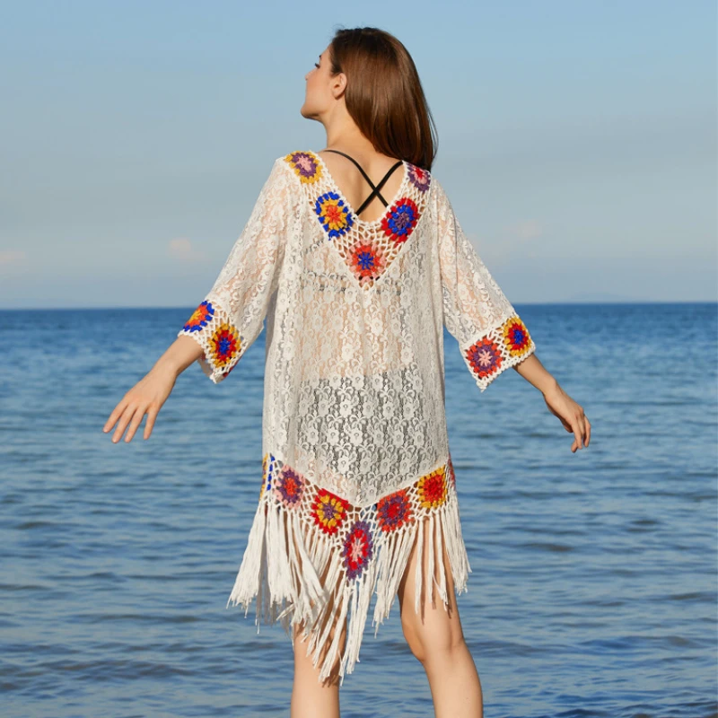 Wakacje plaża sukienka długie kobiety letnie Bikini Cover Up europa ciepła Patchwork kolorowe szydełka 3/4 rękaw pomponem Vestidos Mujer