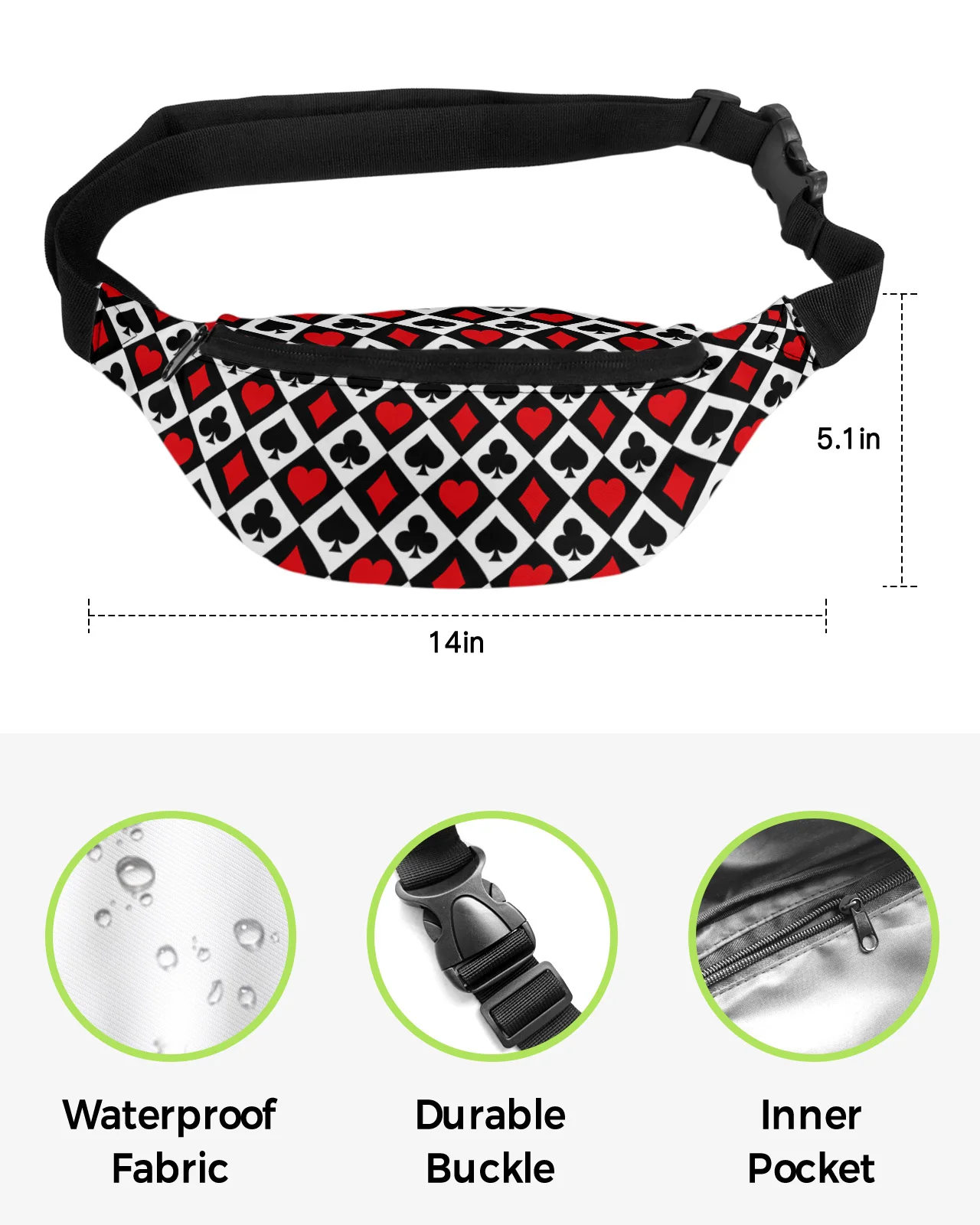 Poker Squares Spades Hearts Plaid Texture Waist Bag Women Men Belt Bags Large Capacity Waist Pack Unisex Crossbody Chest Bag