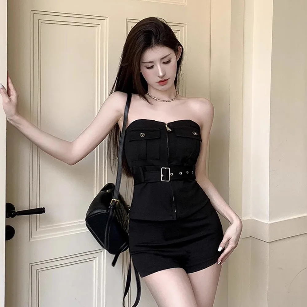 Fashion Female Clothes Sweet Hot Girl Casual Suit Women\'s Spring/Summer Zipper Black Strapless Top Tight Shorts Two-piece Set