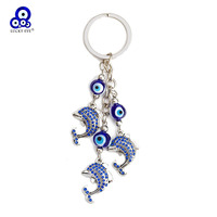 Lucky Eye Alloy Dolphin Keychain Blue Turkish Evil Evil Eye Bead Key Chain Holder Bag Car Keyring llavero porte clé מחזיק מפתחות