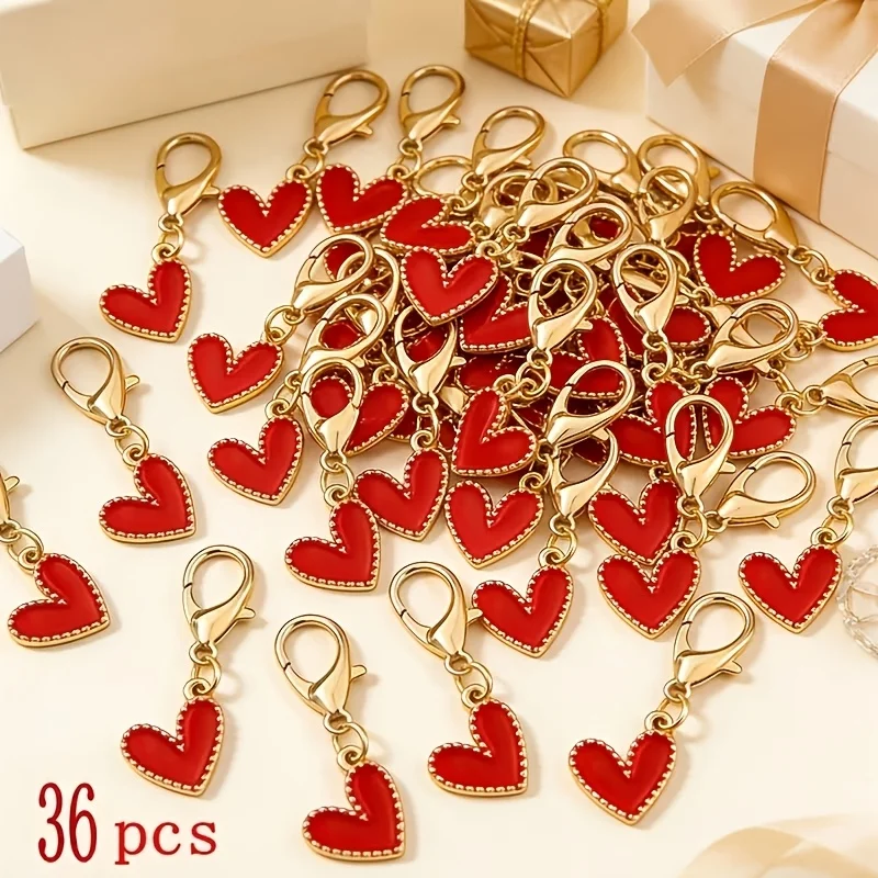 36-teiliges Herz-Schlüsselanhänger-Set, Legierungsanhänger, Rot, Rosa, Weiß, Taschendekoration, Geschenk für Frauen und Mädchen, Auto-Schlüsselanhänger-Zubehör – Detail 1