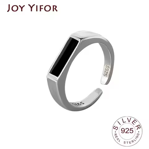 BFCLUB Silver Color New Simple Vintage Rings Retro Black Stone Opening Handmade Ring Fashion Fine Jewelry