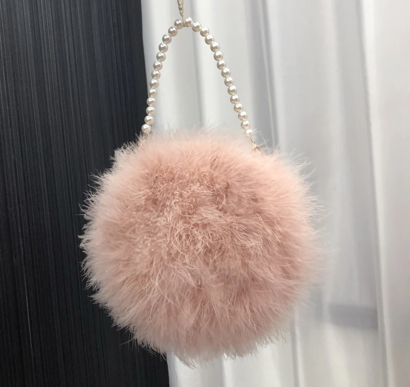 Real Ostrich Feather Handbag for Women Mini Purse Clutch with Pearl Chain Luxury Evening Party Round Bag