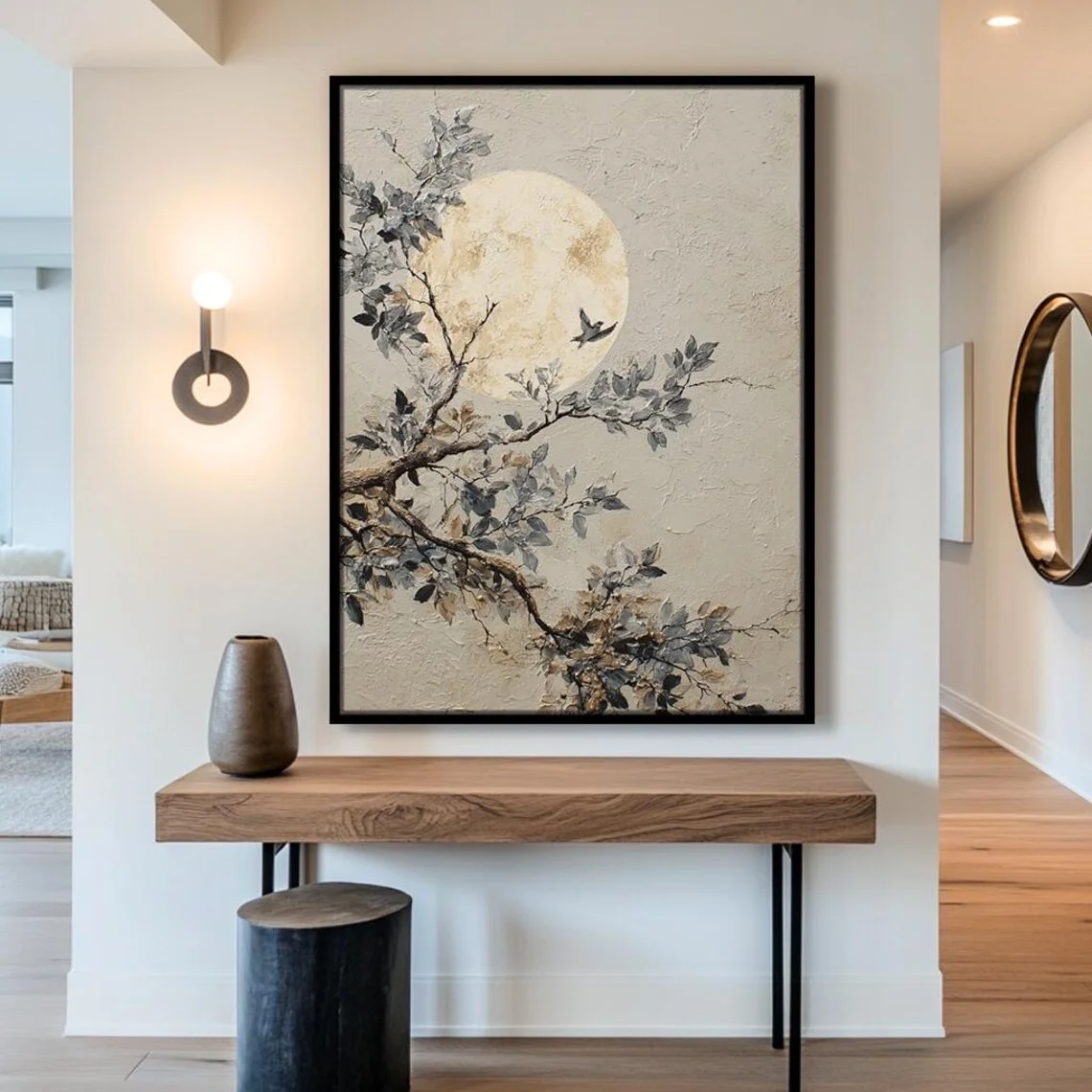 Serene Wabi-Sabi Nature Wall Print Decor - Thick Impasto Painting of a Glowing Full Moon Behind a Gnarled Tree Branch with Muted