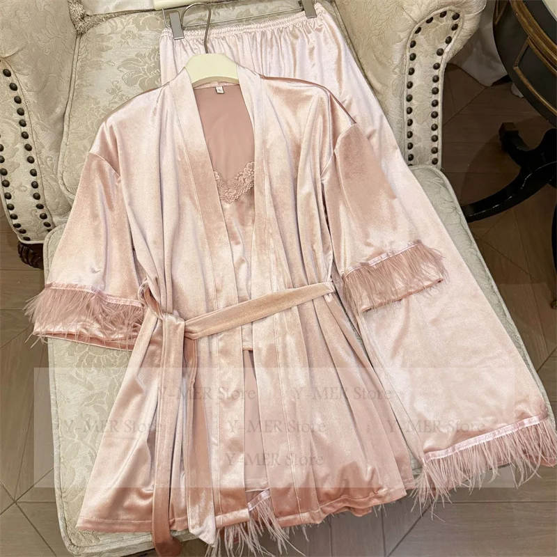 

3Pcs Velour Pajamas Set Lady Luxury Home Clothes Feather Trim Cami Top Cardigan Pants Warm Velvet Nightwear Casual Pijama Mujer