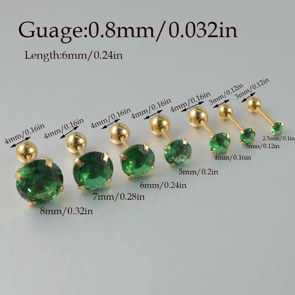 1/2pcs Stainless Steel Green Zircon Golden Color Ear Tragus Helix Bar Cartilage Ear Earring Stud Piercing Body Jewelry