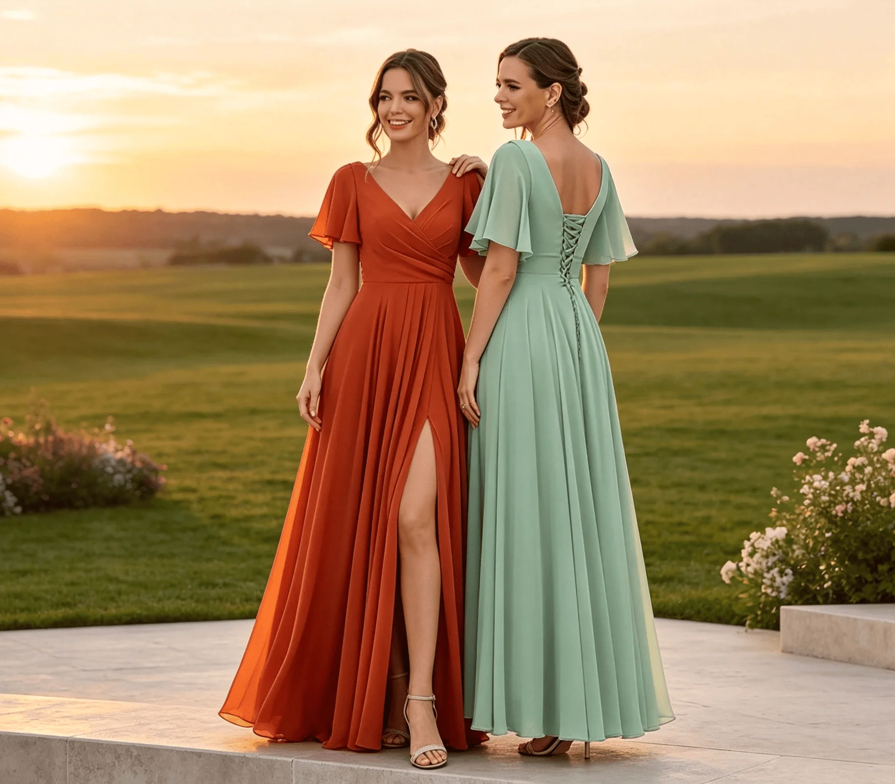 Women Chiffon Bridesmaid Dress V‑Neck Flutter Short Sleeve Pleated Waist A‑Line Long Evening Party Ball Gown Wedding Guest Dress