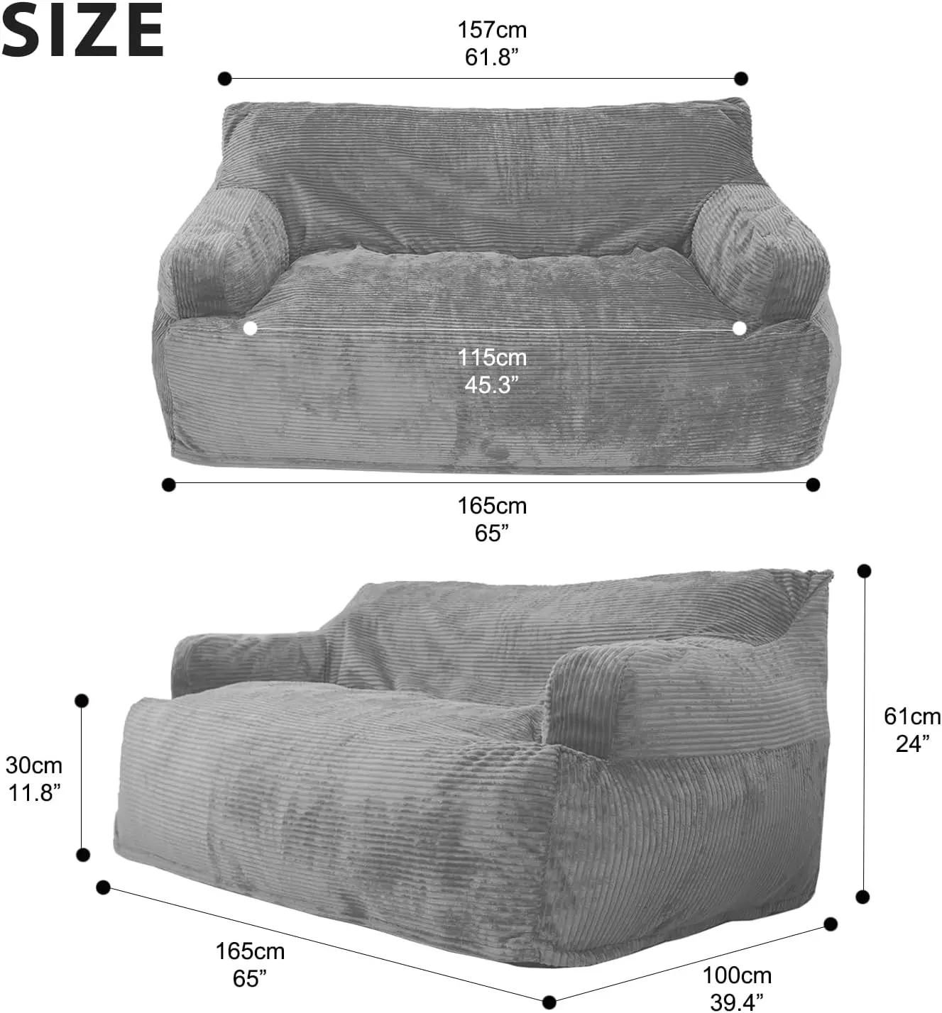 Giant Twin Size Bean Bag, Foam Filling, Includes Removable and Machine Washable Cover, Harbour Grey