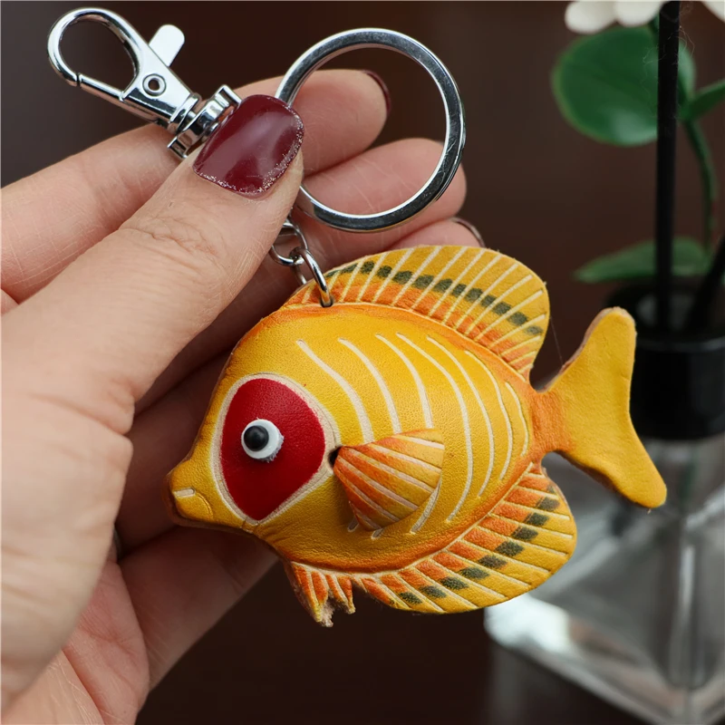 Head Layer Cowhide Small Red Fish Keychain Pendant Motorbike Car Key Chain Accessories Bag Small Fish Pendant Cute Tide Ride