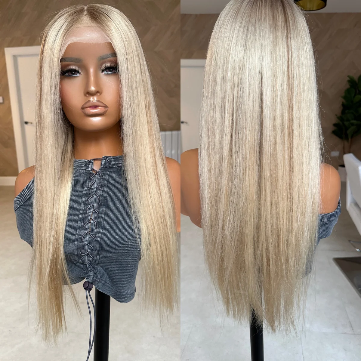 Natural Straight Soft Synthetic Wig Ombre Ash Blonde Balayage Long Middle Parting Original Factory Cheap Wigs On Clearance Sale