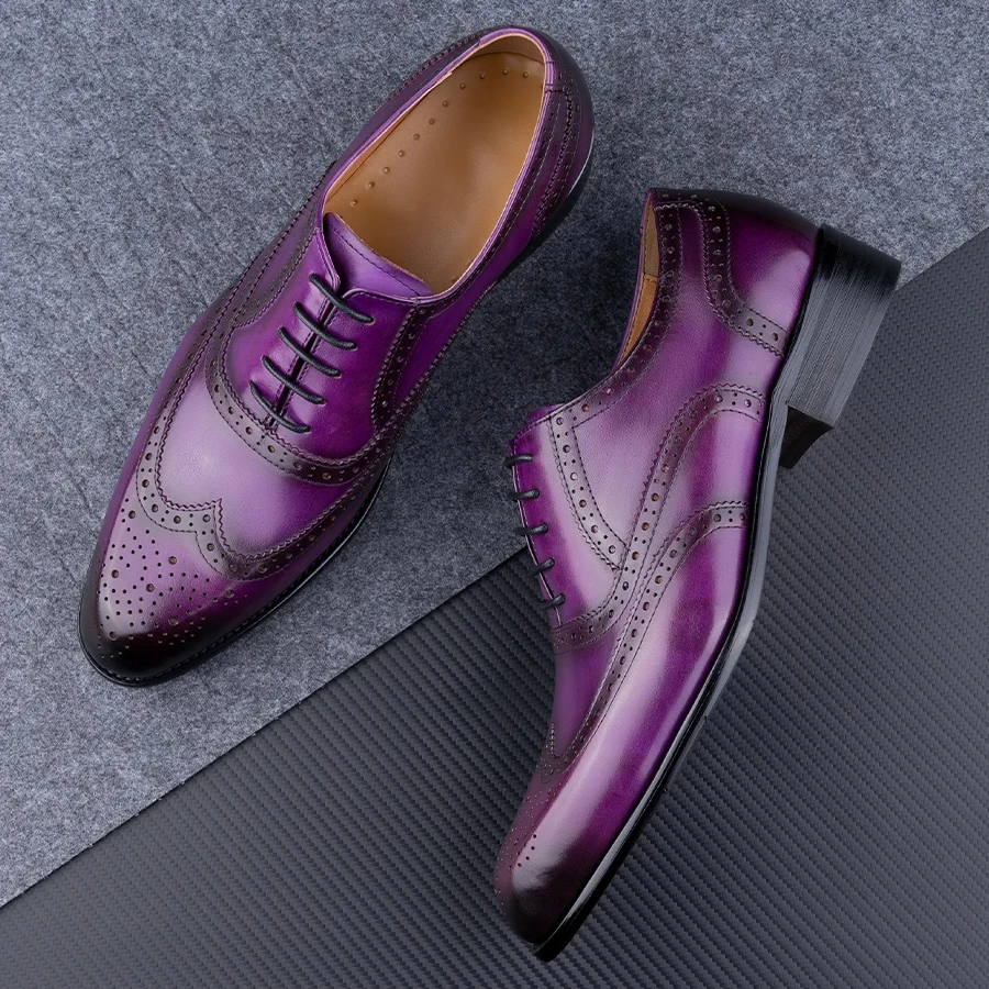 New Trendy Purple Men Shoes Genuine Leather Oxford Handmade Wedding Party Banquet Dress Carving Craft Adult Shoe Original Design