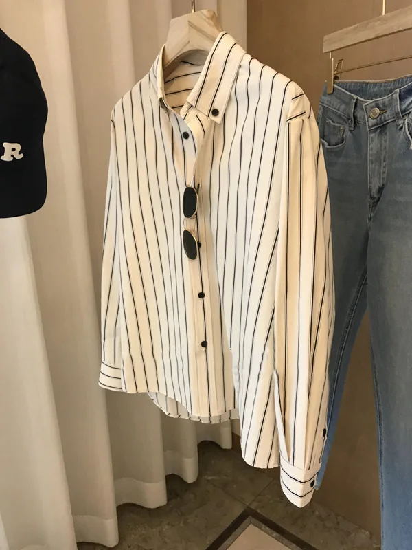 Women's Casual Striped Lapel Long Sleeve Shirt Spring Summer Loose Fitting Comfortable Top for Office And Weekend Wear