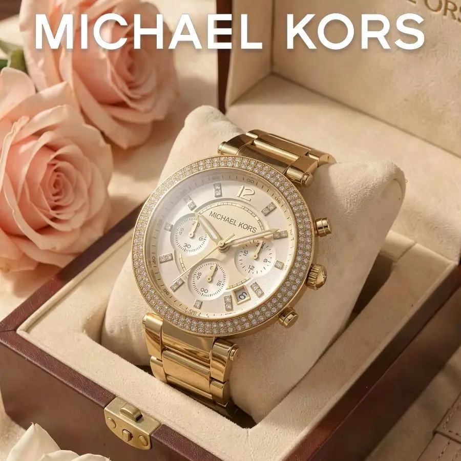 1. Michael Kors Gold Tone Crystal Chronograph Ladies Watch, White Dial, Gold Stainless Steel Bracelet, Quartz Wrist Watch with D