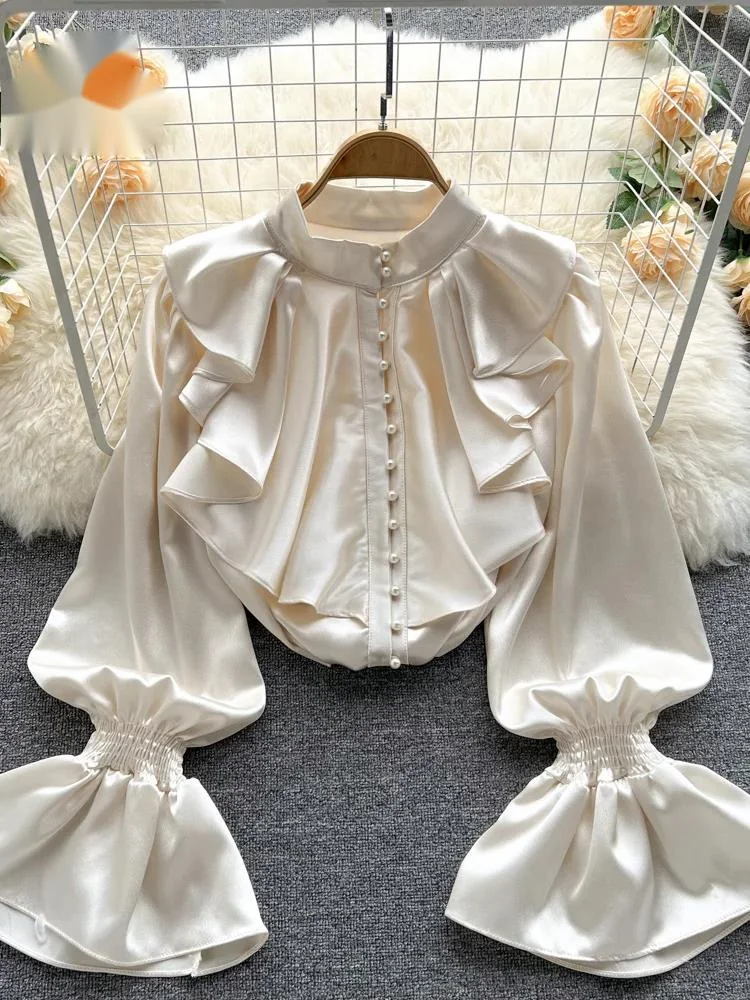 

High Quality Satin Loose Shirt Long Flared Sleeves Ruffles O Neck Beading Women Gentle Office Lady Casual Blouse