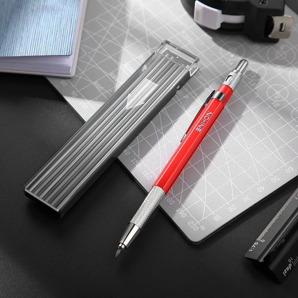 Pensil tukang las dengan 12 buah isi ulang, penanda logam pensil las mekanik pipefitter, fabrikasi, merah