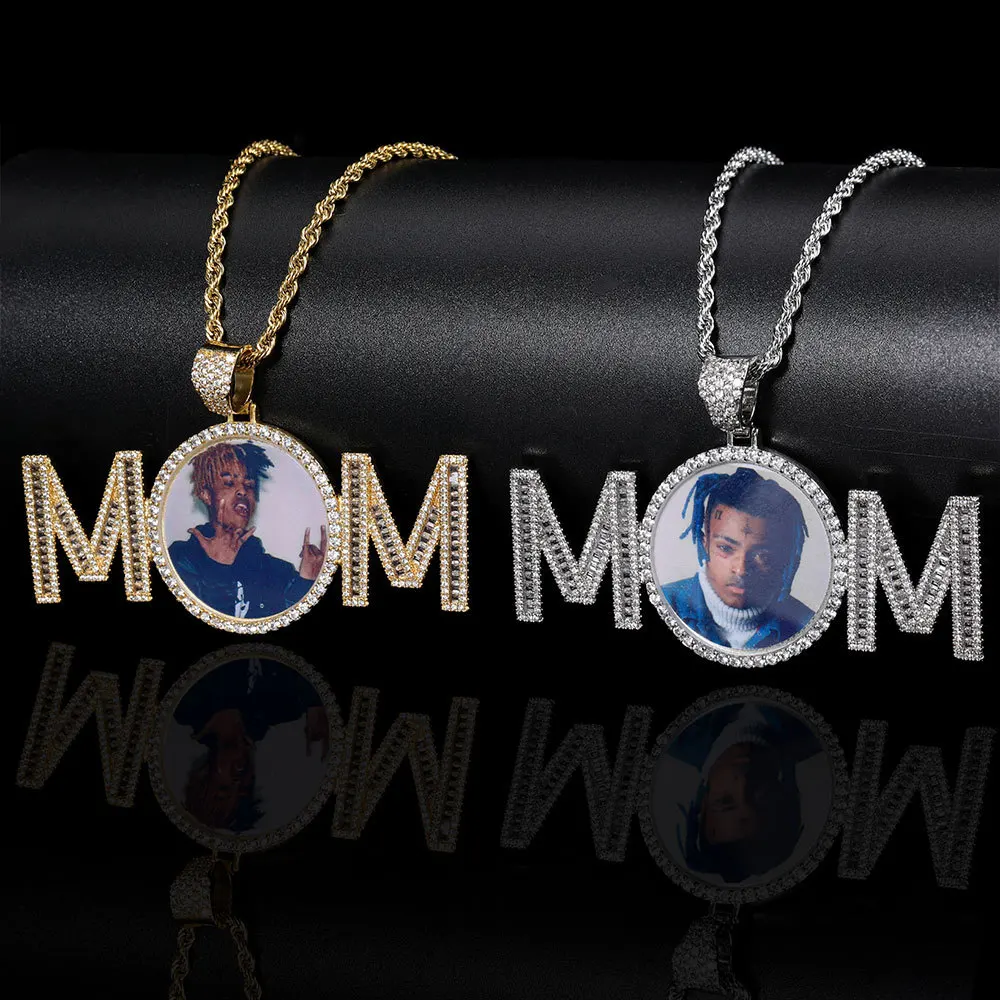 

2pcs/ Bag MOM Hip Hop Out CZ Custom Letter Picture Personalized Photo Medallions Memorial Photo Sublimation Necklace