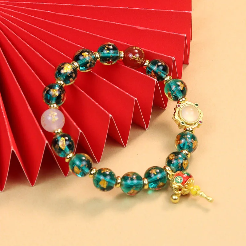 Gold Foil Glass Bead Bracelet with Heart Sutra Prayer Wheel Chinese Style Fortune Bead Jewelry Gifts