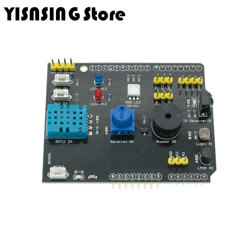 Papan sensor multifungsi 9 in 1, papan ekspansi DHT11 LM35 kelembaban suhu untuk Arduino UNO RGB LED IR penerima bel