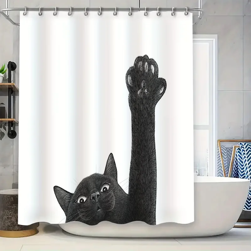 Cute Cat Shower Curtain Funny Pet Bathroom Decor Washable Fabric Liner Artistic Home Decor Japanese Style Modern Wall Hanging