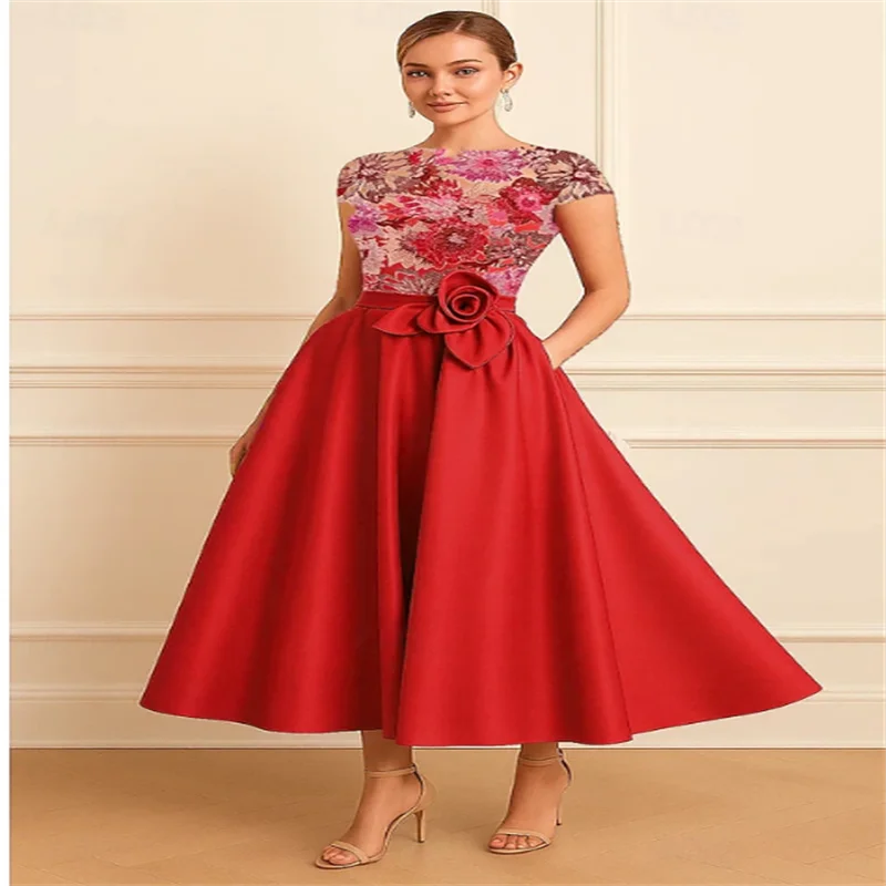 Aangepaste rode elegante moeder van de bruidsjurken theelengte bruiloftsgastjurken ronde hals moederjurken korte mouwen bloem