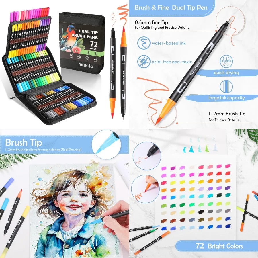 

72 Colors Brush Fine Dual Tip Watercolor Markers Set for and Adults: No Bleeding Paint Pens Ideal for Coloring Books Drawing No