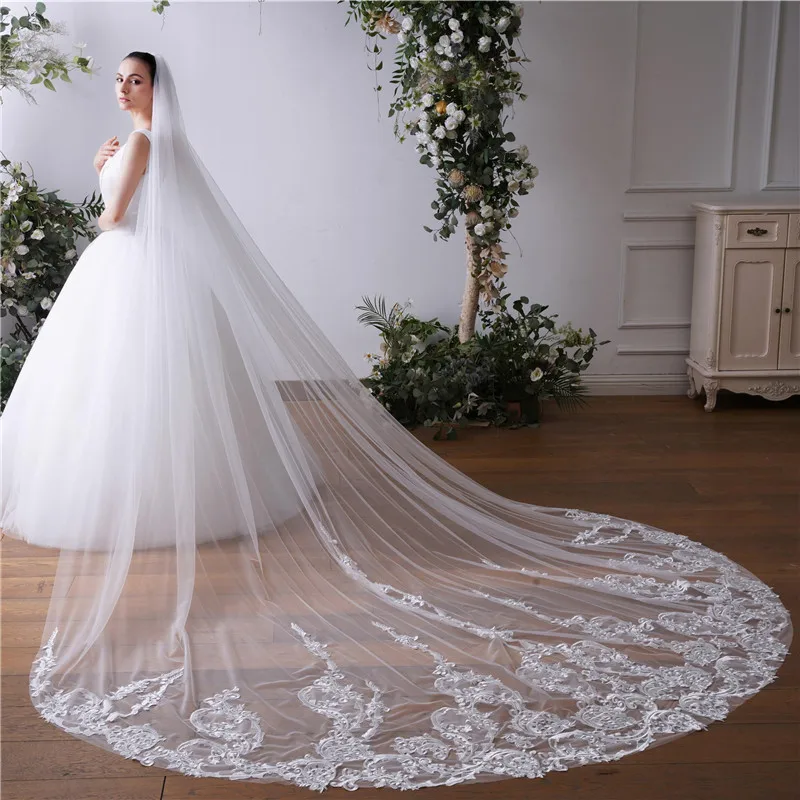 

New Long Cathedral Wedding Veil Exquisite One Layer Marriage Veils With Metal Comb Appliques White Ivory Lace Edge Bridal Veils