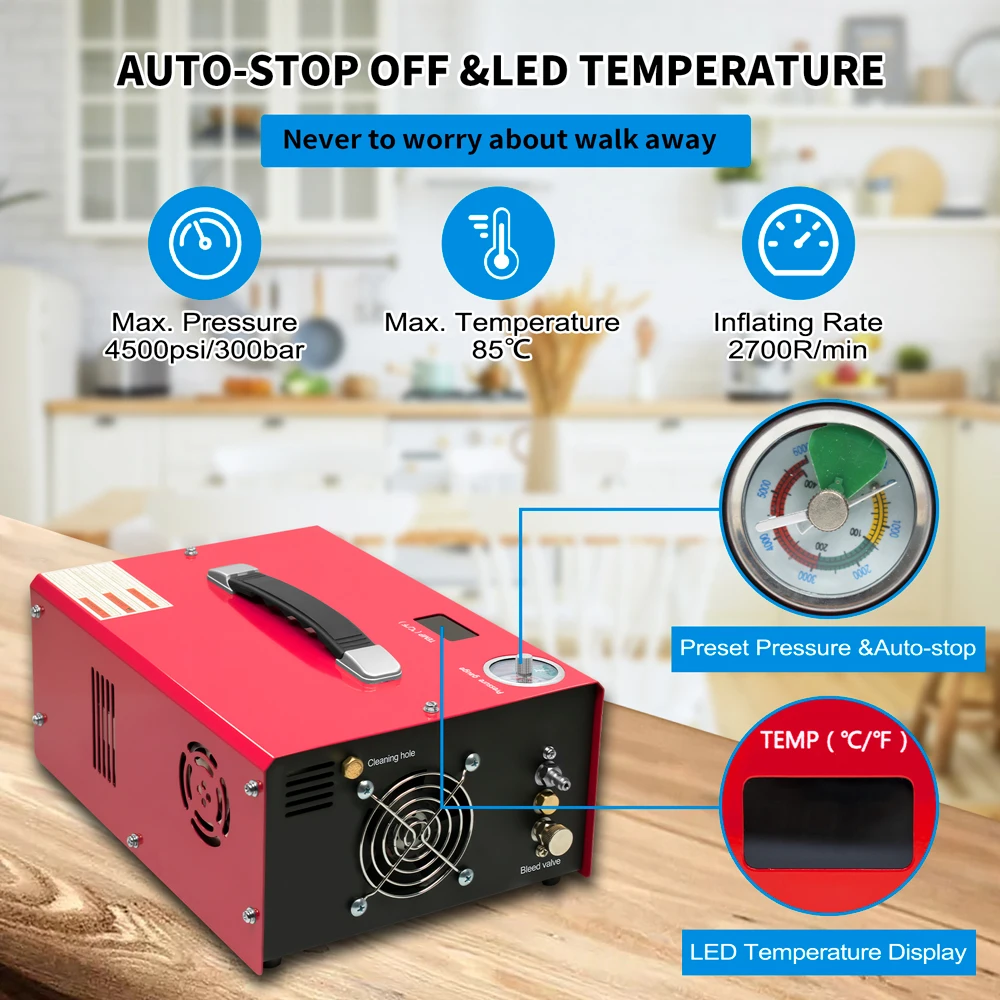 4500Psi 300Bar PCP Compressor High Pressure Built-in 12V Power Auto Stop Compressor Oil/Water Free for PCP Rifle Airgun GPES062