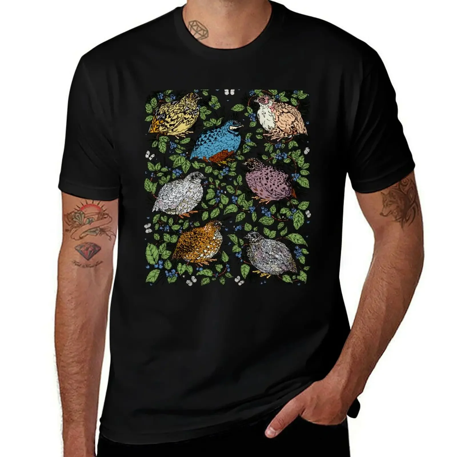 Quail, Blueberries, and Butterflies Morning Pattern T-Shirt shirts graphic aesthetic clothes mens workout shirts