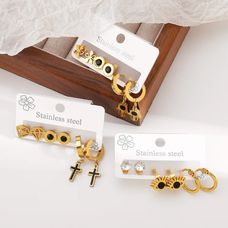 ZE1077 عبر الحدود INS الرياح الفولاذ المقاوم للصدأ أقراط العين النخيل الصليب قلادة مجموعة مزاجه الأقراط الرجعية