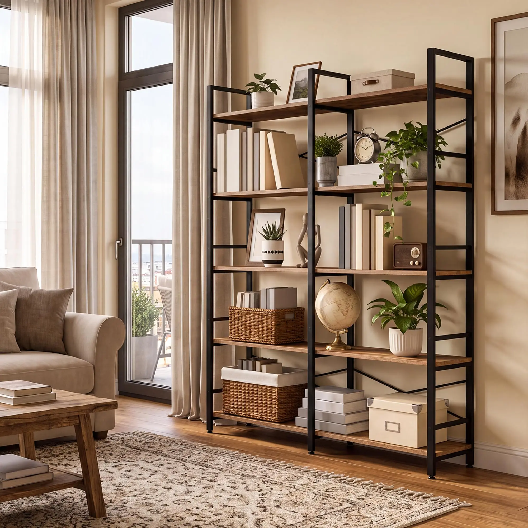 5 Tier Bookshelf With 10 Open Display Shelves Metal Frame Wood Shelves Industrial Standing Shelf Adjustable Feet Support Bars And Falling Prevention Baffle Vintage Bookcase