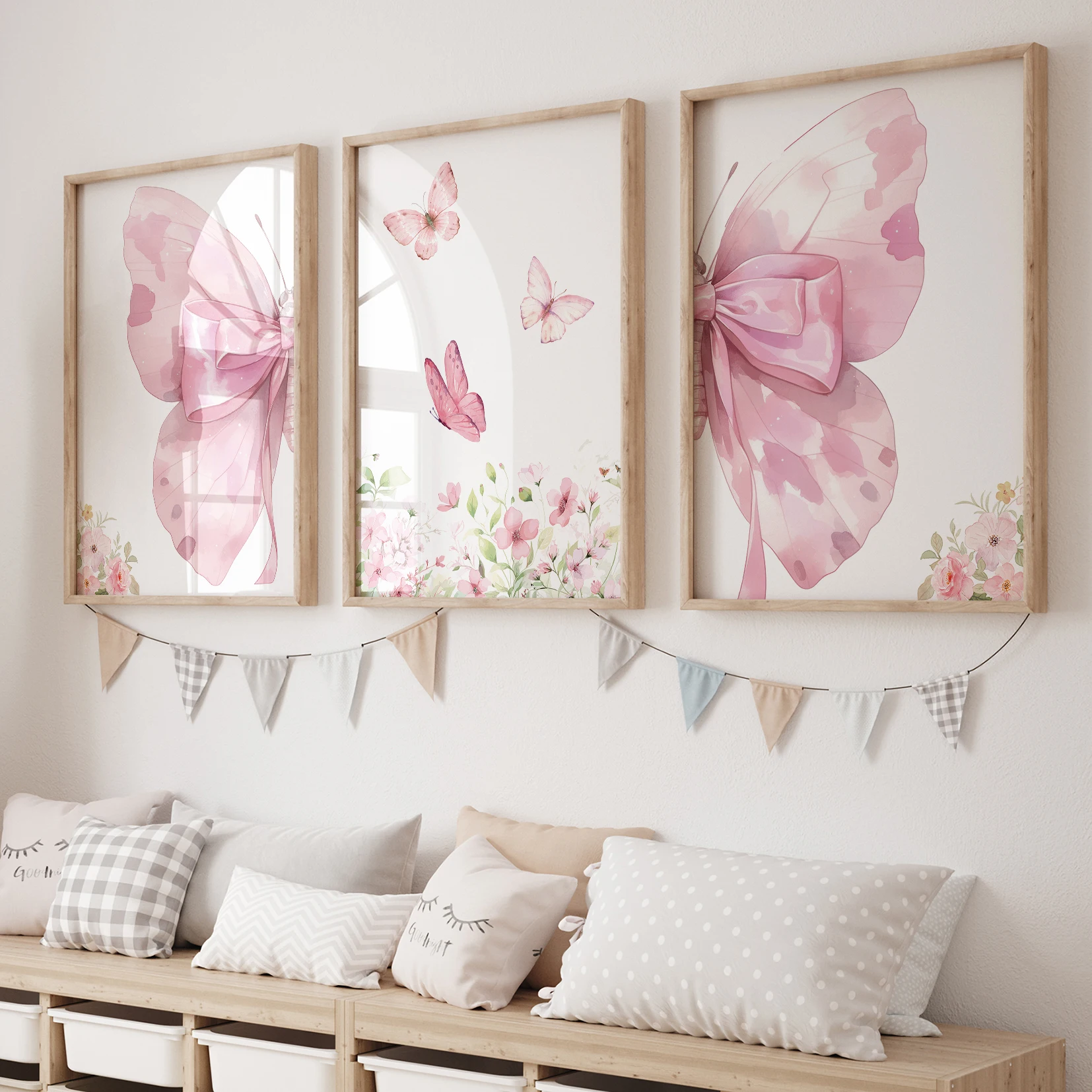 3pcs Cartoon Children Pink Flowers Butterfly Wall Art Prints Canvas Painting Poster Picture For Living Room Home Decor