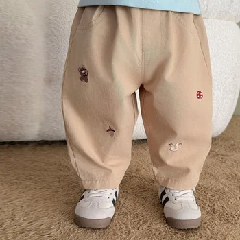 2026 Fall New Toddler Kids Pants Cotton Cartoon Embroidered Harem Pants Baby Boy Casual Striped Denim Baggy Trousers 5