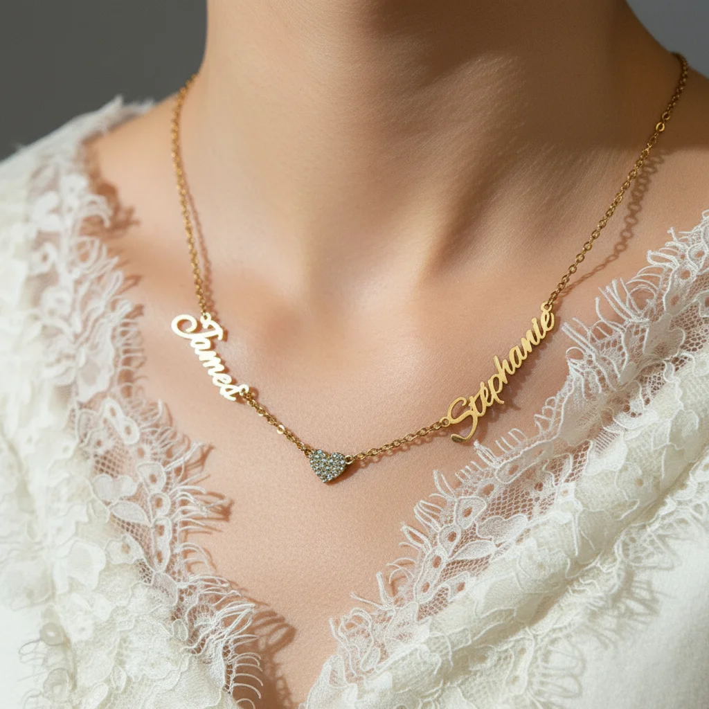 

Personalized Custom 2 Names Necklace Stainless Steel for Women Men Zircon Heart Pendant 18K Gold Plated Birthday Jewelry Gift