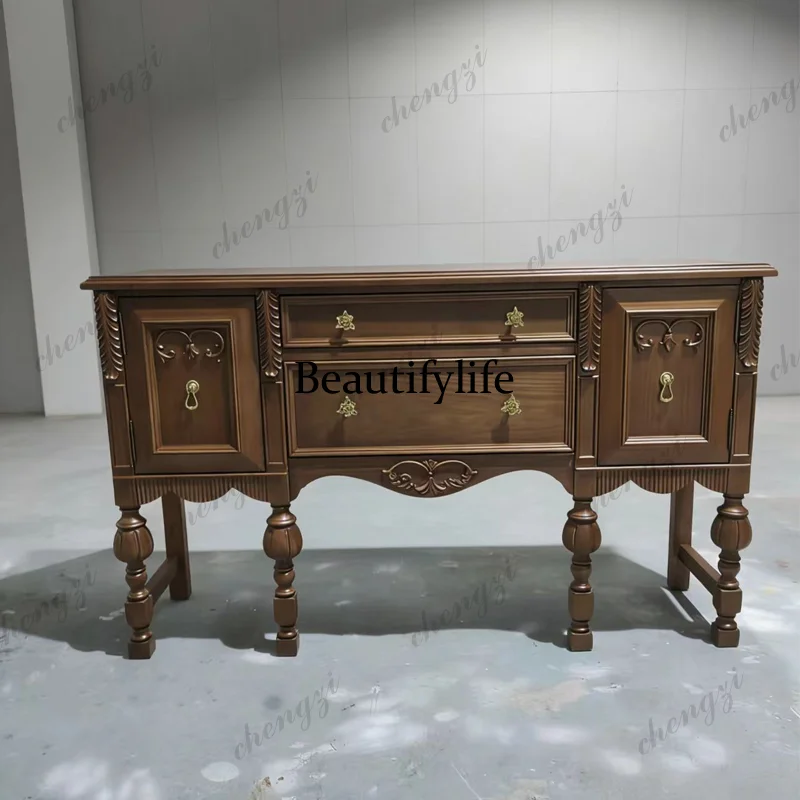 

French solid wood carving flower entrance cabinet American retro dining side cabinet living room decorative locker