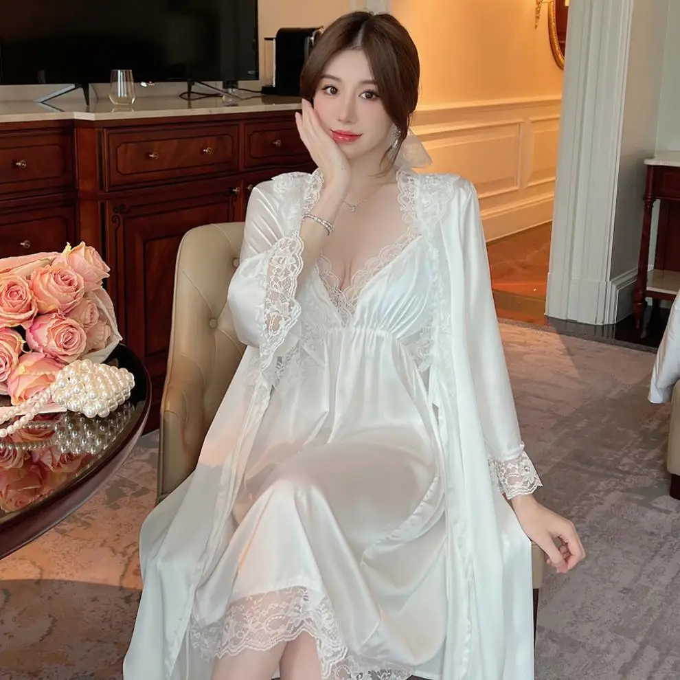 Summer Sleepwear Sexy Female Twinset Long Robe Suspender Nightdress Set Spring Kimono Gown Loose Satin Lace Trim Home Dress