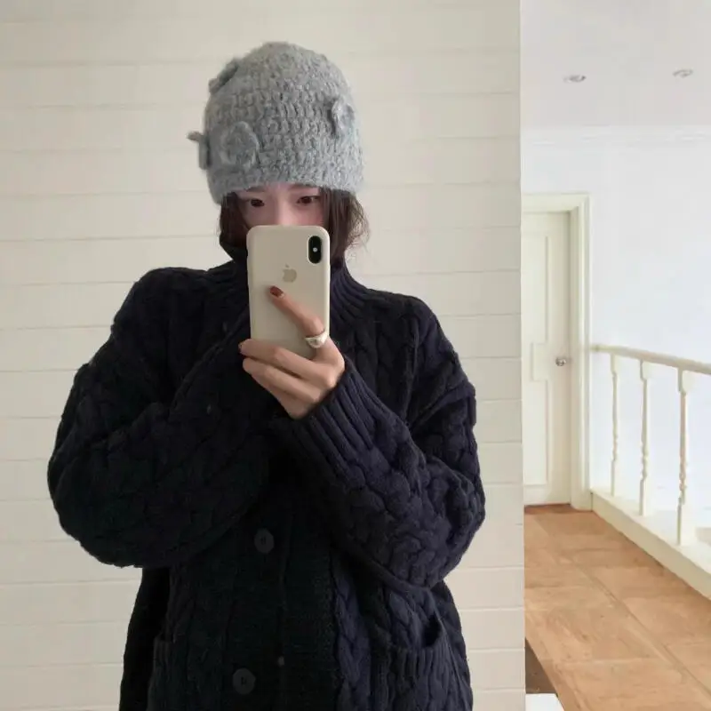 เสื้อคาร์ดิแกนถักไหมพรมสำหรับผู้หญิง สไตล์ลำลอง ใส่ได้ทั้งฤดูใบไม้ร่วงและฤดูหนาว ผ้าถักเนื้อหนา ทรงหลวม คอตั้ง สีพื้น