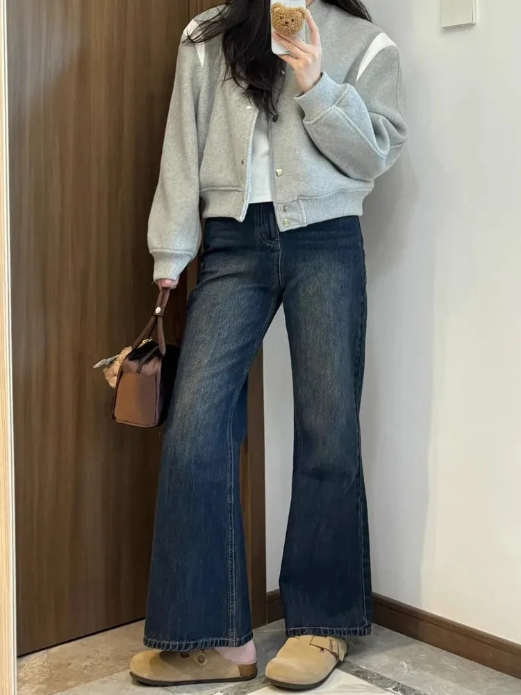 

Американские темно-синие джинсовые брюки в стиле ретро, расклешенные свободные женские осенние леггинсы, не облегающие леггинсы, большие размеры, или большие размеры