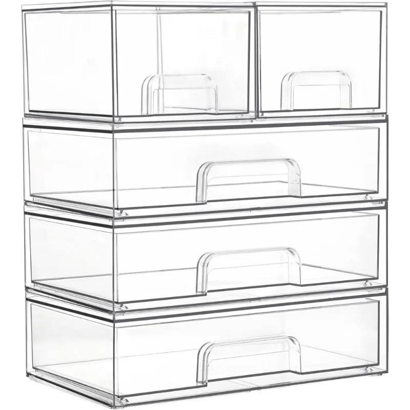 Clear Stackable Storage Drawers 5-Piece Set Plastic Organizer Bins for Makeup Cosmetics Beauty Supplies Vanity Bathroom