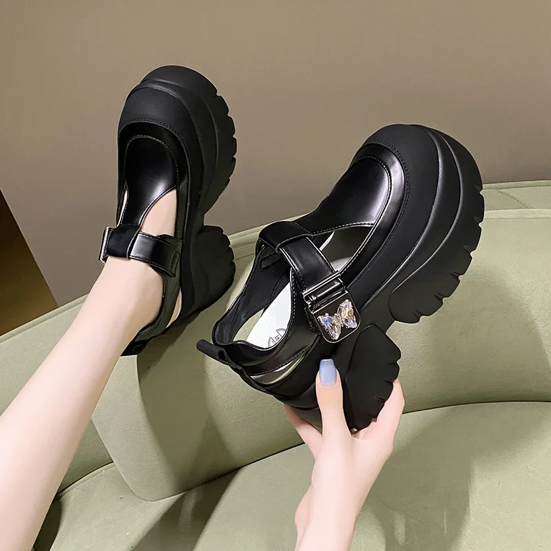 9CM New Women Sandals Comfortable Shoes Buckle Fashion Summer RoundToe Platform Wedge High Hidden Heels Ladies Breathable